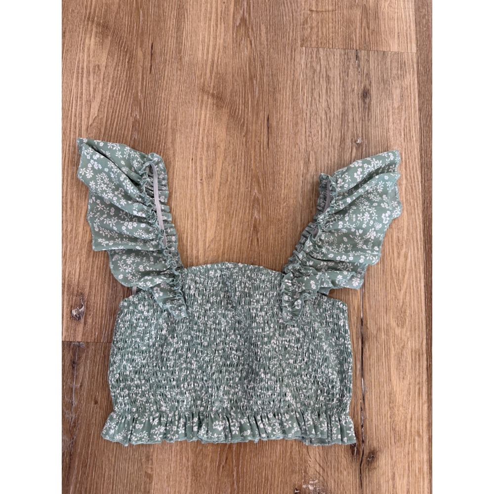 Smocked Crop Top Womens S Sage Green Floral Ruffle Strap Cottagecore Fairycore